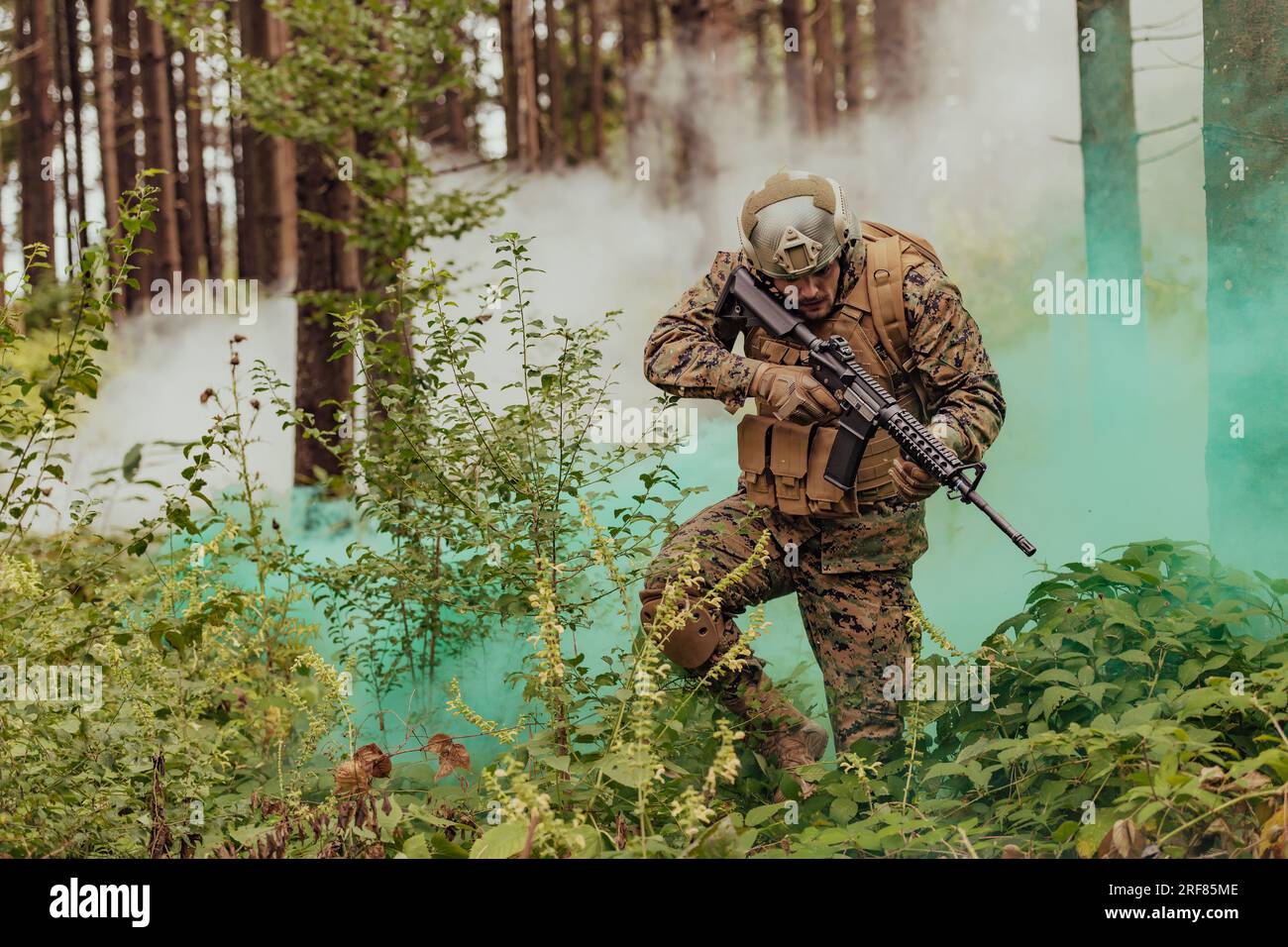 A modern warfare soldier on war duty in dense and dangerous forest ...