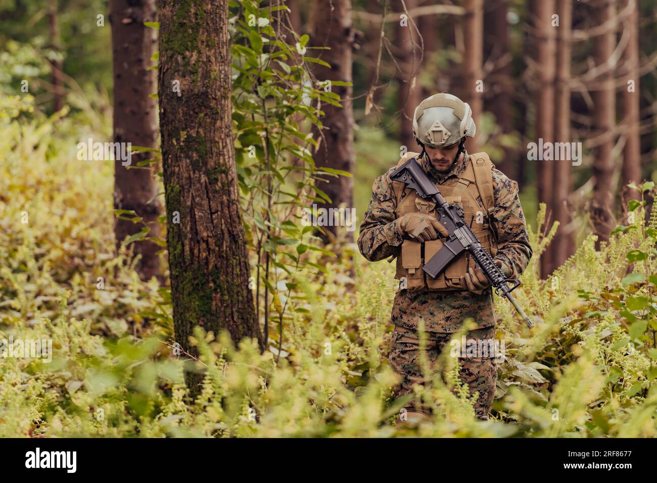 A modern warfare soldier on war duty in dense and dangerous forest ...