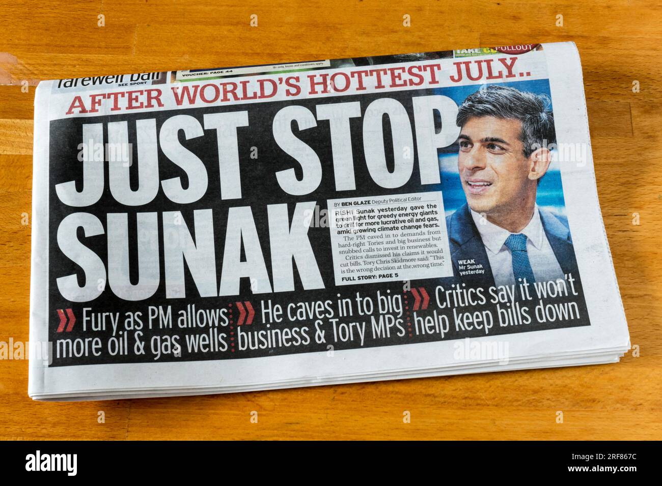 01 September 2023 Daily Mirror headline reads Just Stop Sunak.  A reference to the Just Stop Oil protests and the government's retreat from environmental policies. Stock Photo