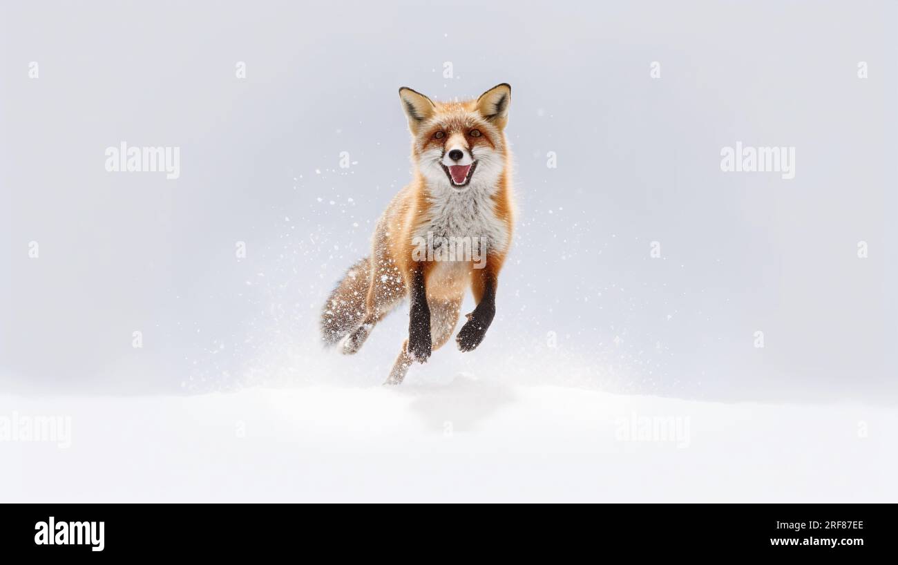 a red fox running through the snow in the wintertime. . generative ai Stock Photo