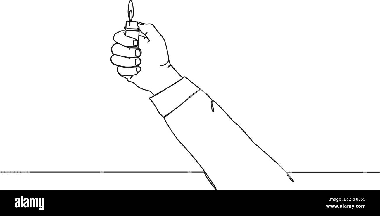 continuous single line drawing of hand holding ignited lighter, line art vector illustration
