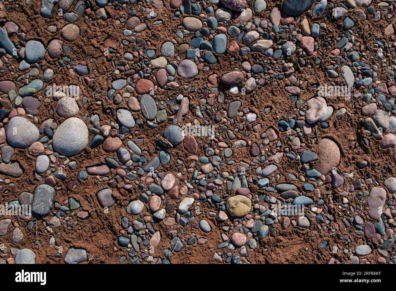 Small stones on dried riverbed Stock Photo