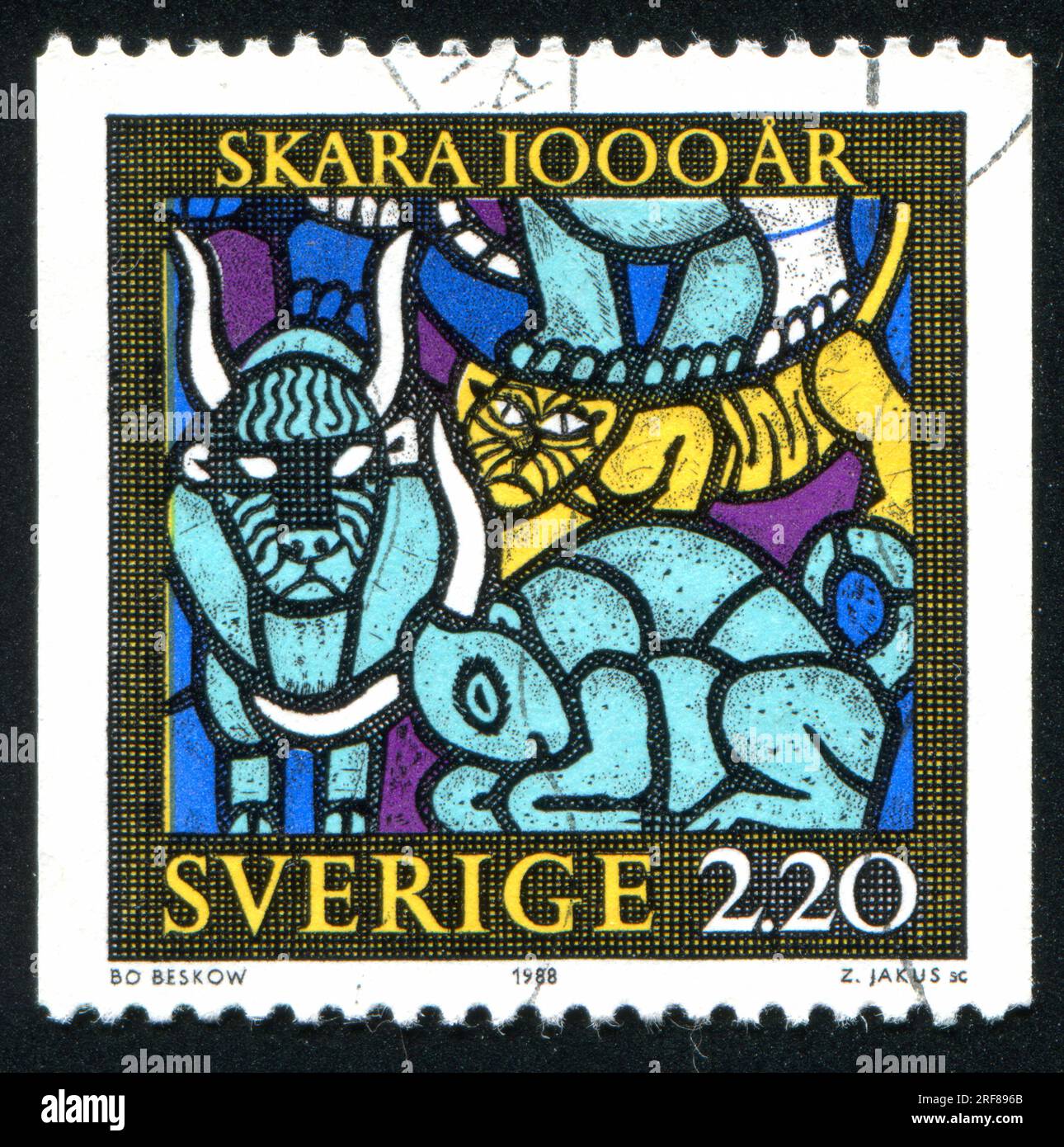 SWEDEN - CIRCA 1988: stamp printed by Sweden, shows Detail from Creation, a Skara Cathedral stained-glass window by Bo Beskow, circa 1988 Stock Photo