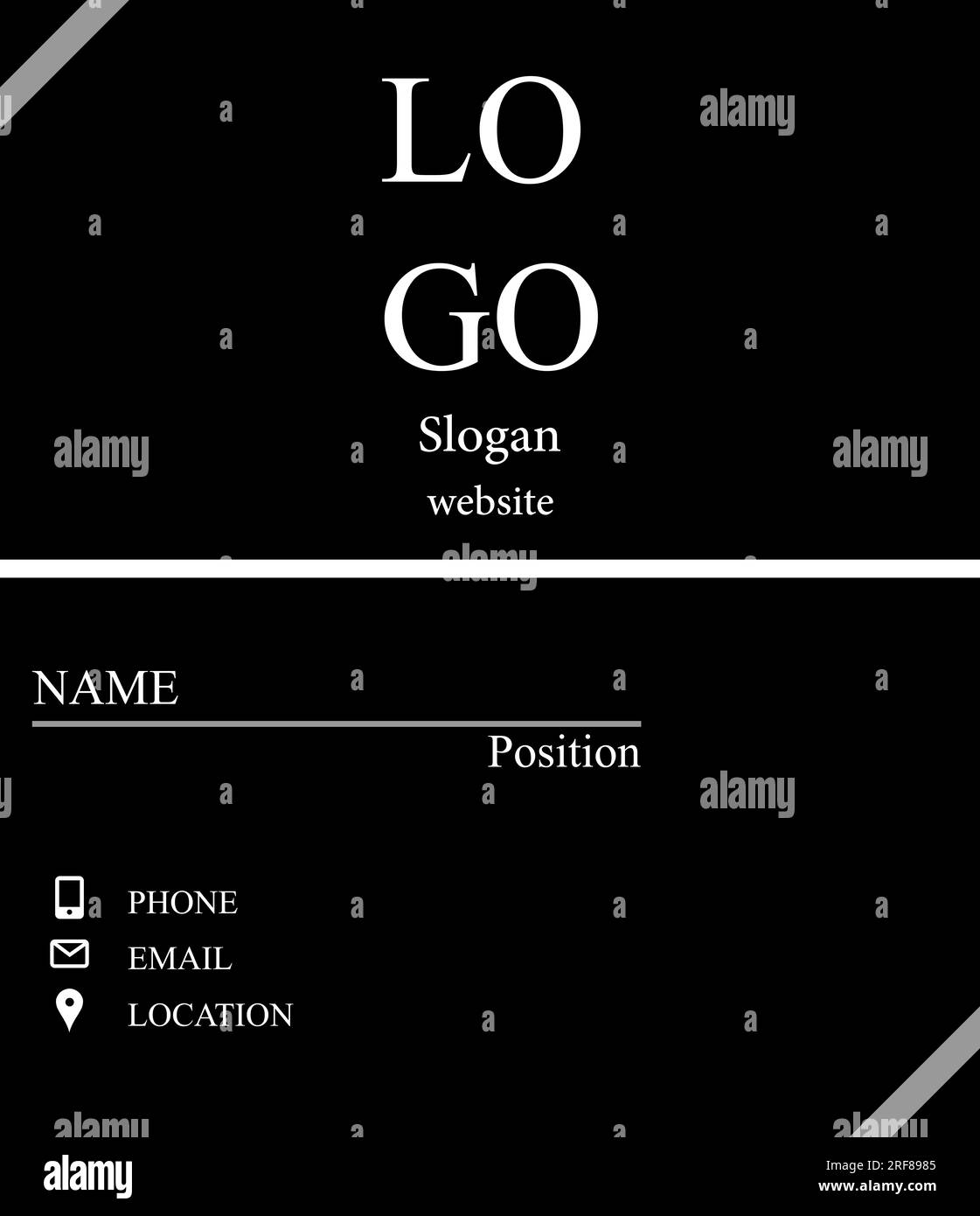 Business card, front and back faces for a business card, black and