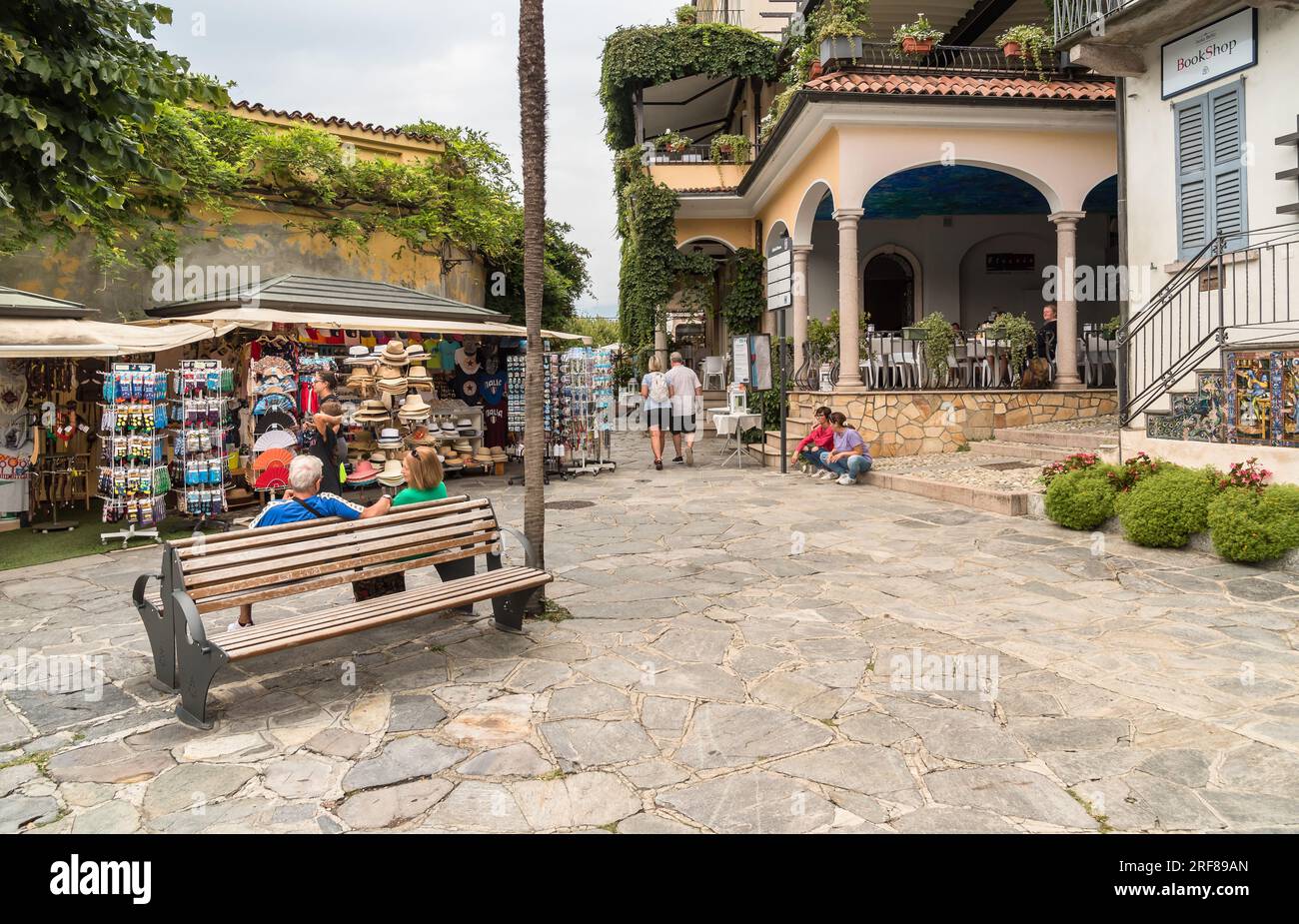 Stresa, Piedmont, Italy - September 6, 2022: Historic center with bars, restaurants and shops of Isola Bella or Beautiful Island, one of the Borromean Stock Photo