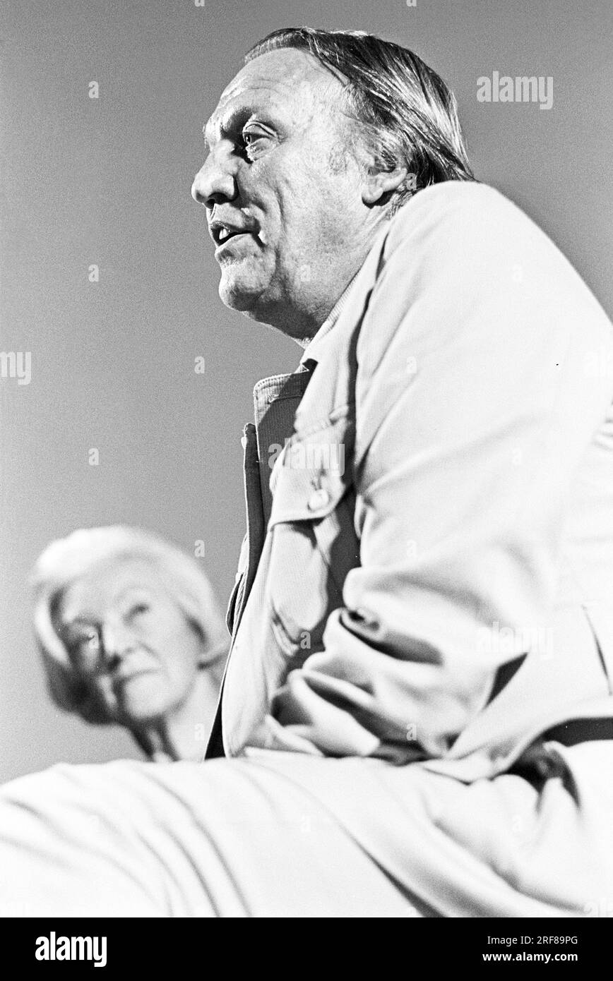 American film and stage director, producer and screenwriter Joseph Losey (1909-1984) with film critic Dilys Powell (1901-1995) in a Q&A session at CINEMA CITY - An Exhibition of 75 Years of Moving Pictures at the Round House, London NW1 in October 1970 Stock Photo