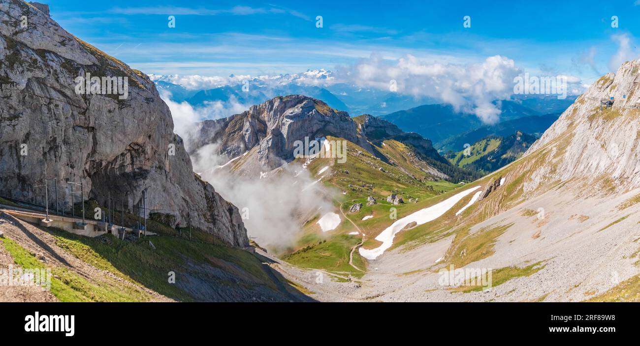 Nice panorama of the Matthorn summit, one of multiple peaks of the famous Mount Pilatus south of Lucerne. On the left you can see tracks of the... Stock Photo