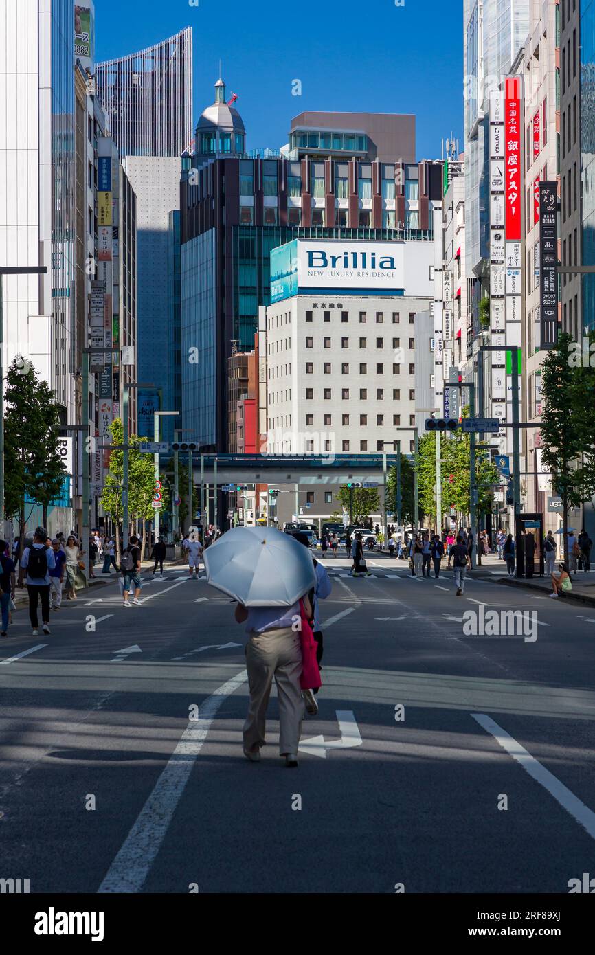 TOKYO, JAPAN JULY 30 2023 Roads closed for pedestrians and shoppers in the high end shopping