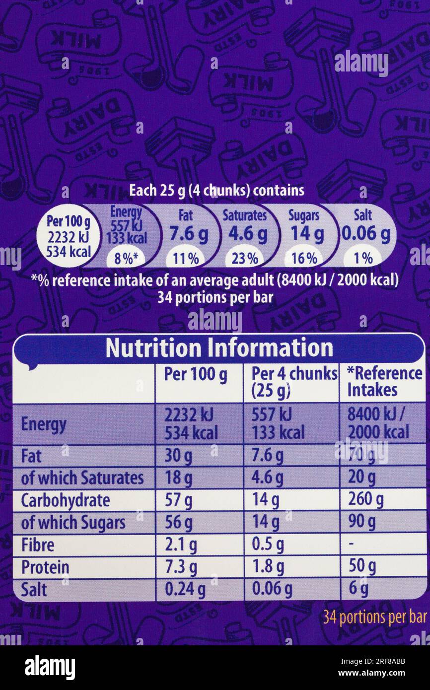 Nutrition information on large 850g Cadbury Dairy Milk Chocolate bar Stock Photo