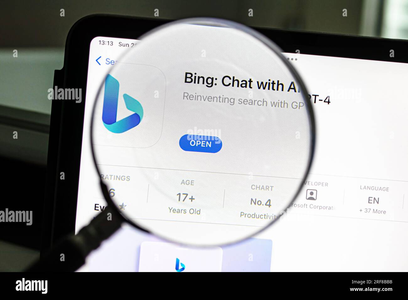Ostersund, Sweden - May 28, 2023: Bing Chat with AI & GPT-4 app.. Microsoft Bing is an AI search engine powered by ChatGPT & GPT-4. Stock Photo