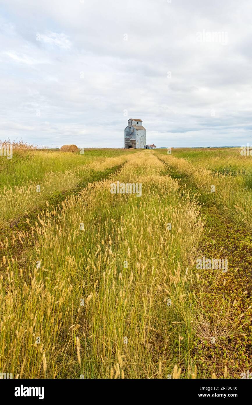 An old unused grain elevator sits at the end of a long path in rural Saskatchewan Canada. Stock Photo