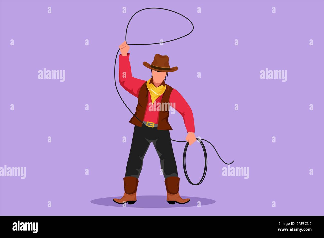 Character flat drawing of western cowboy standing and throwing lasso with wild west elements. Man with cowboy hat rotate the lasso over his head at wi Stock Photo