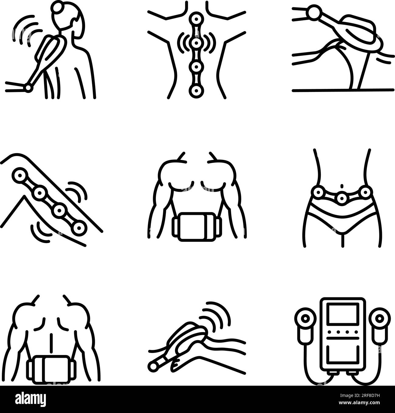Magnetic therapy thin line icons set. Magnetotherapy. Alternative medicine practice. Rehabilitation. Simple modern vector outline illustrations. Stock Vector