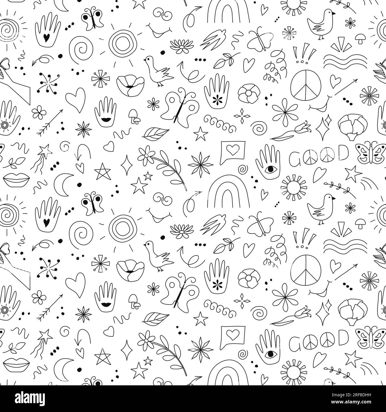 Hippie groovy background Seamless pattern Doodle style Backdrop for party decoration Black outline design Hand drawn vector illustration isolated Stock Vector