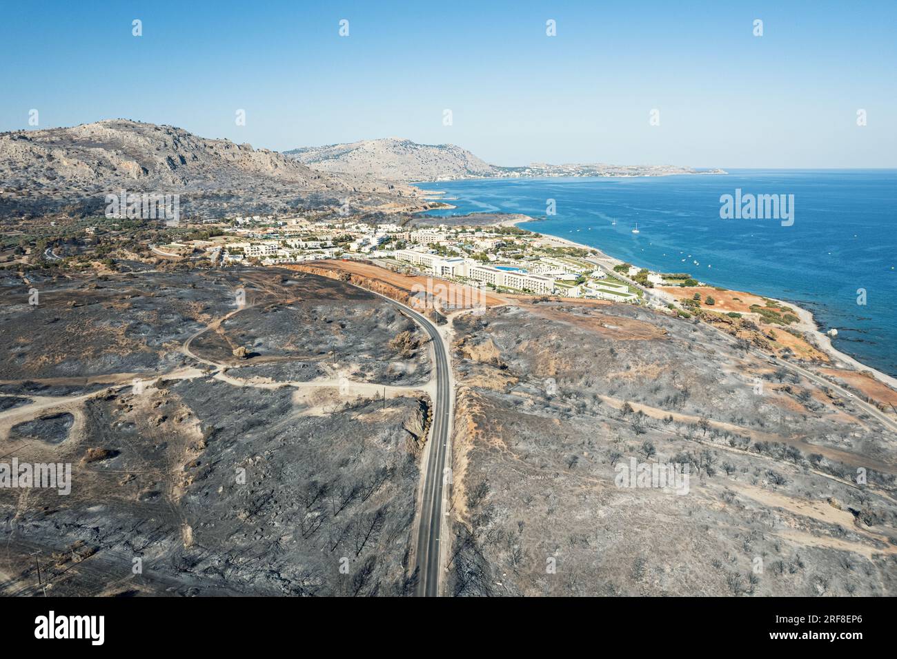 Post-wildfire devastation surrounding Kiotari village, Rhodes, Greece 