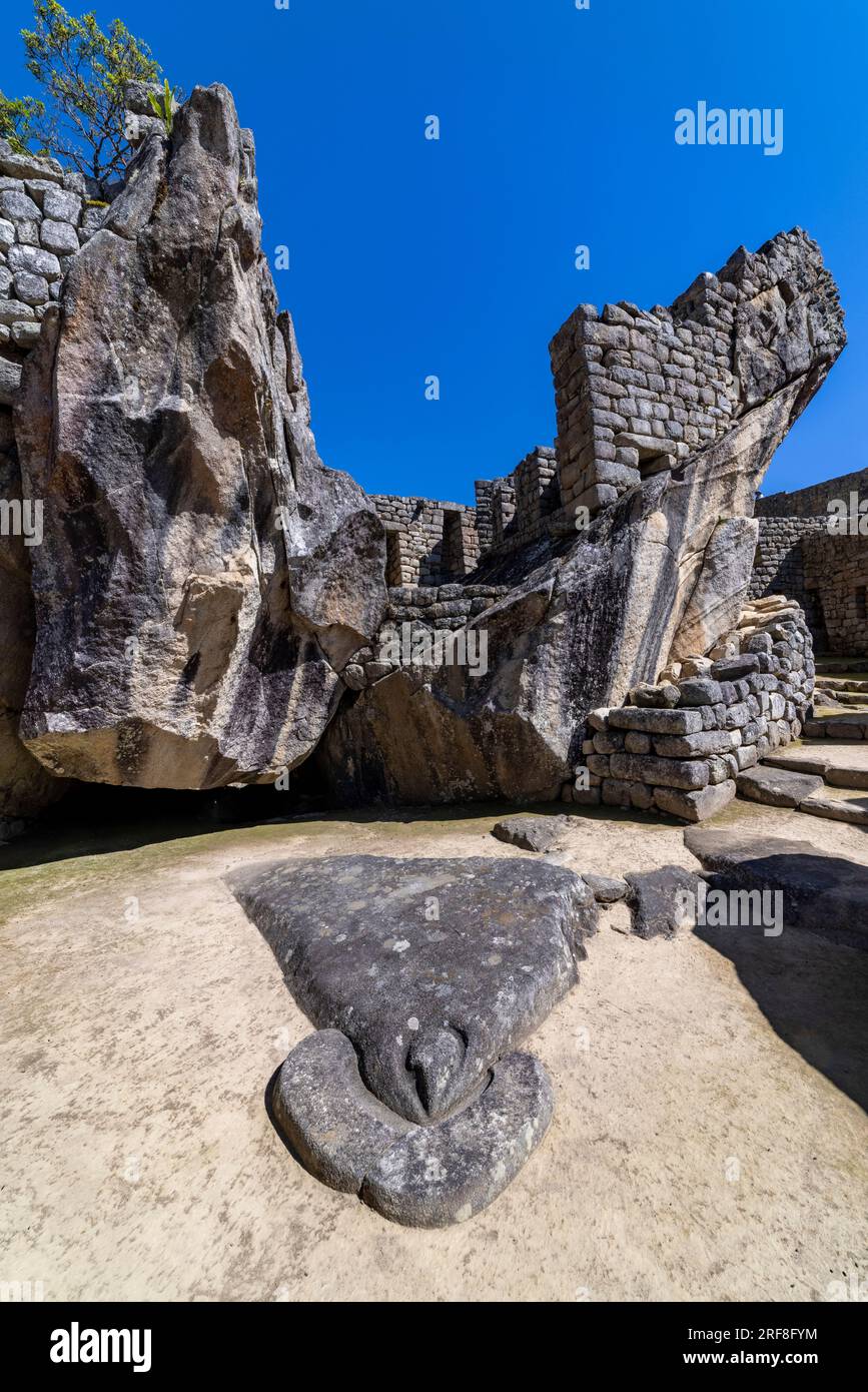 temple of the condor, Inca ruins of Machu Picchu, Peru, South America Stock Photo