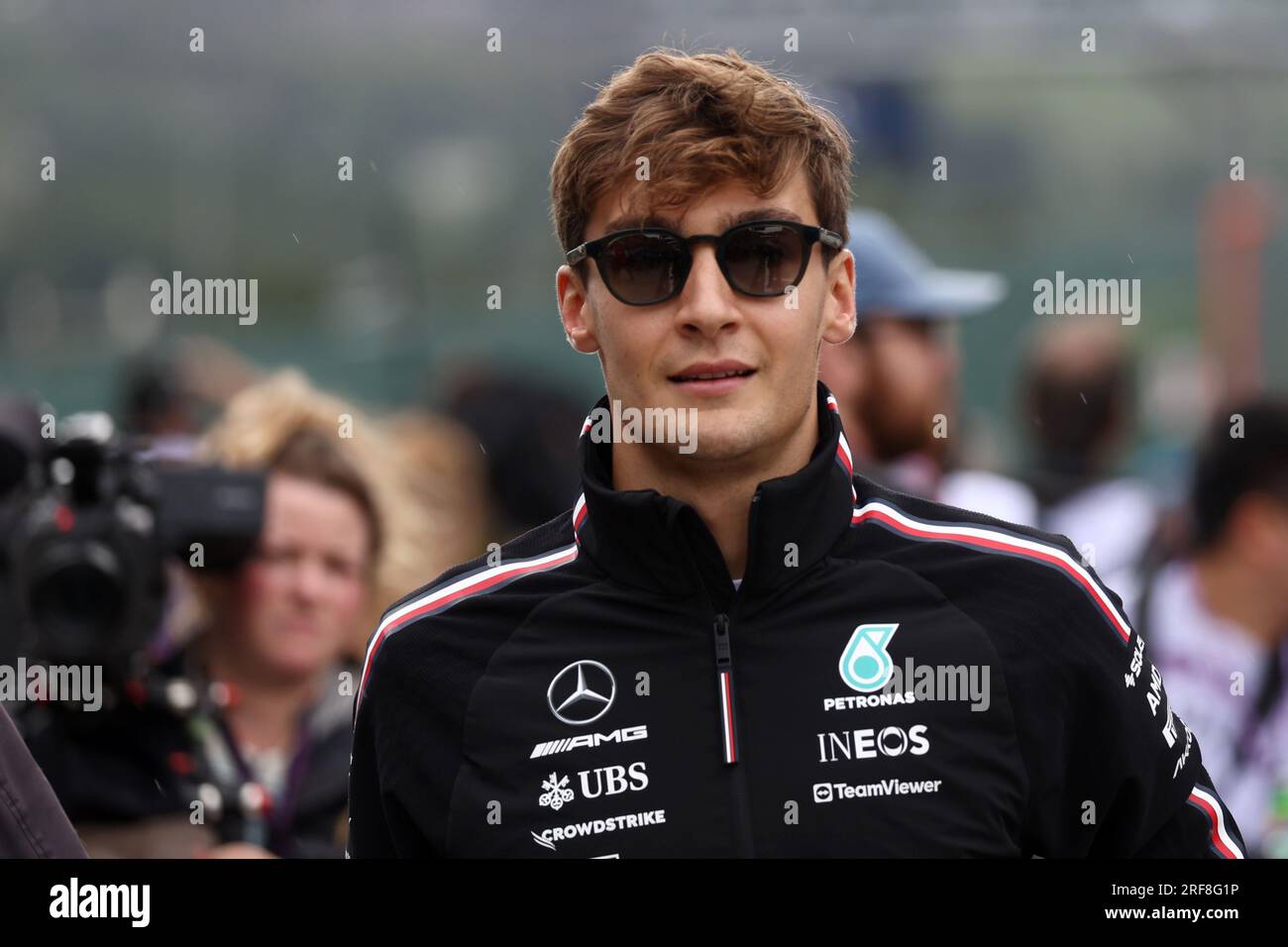 George Russell of Mercedes AMG Petronas F1 Team in the paddock before the F1 Grand Prix of Belgium at Spa Francorchamps on July 30, 2023 Stavelot, Belgium. Stock Photo