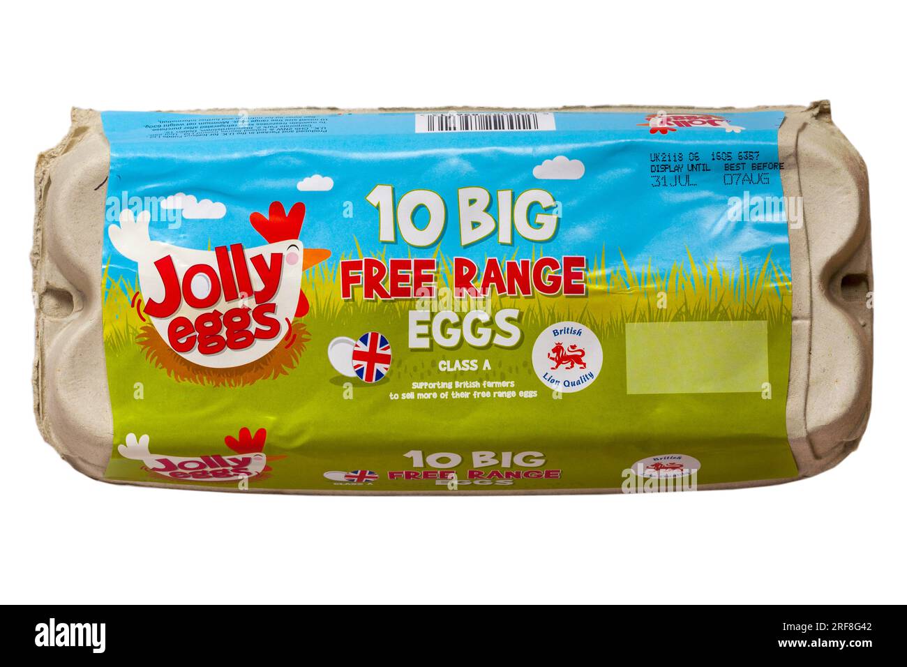 Carton of Jolly Eggs 10 Big Free Range Eggs class A British Lion Quality isolated on white background - egg box closed eggbox Stock Photo