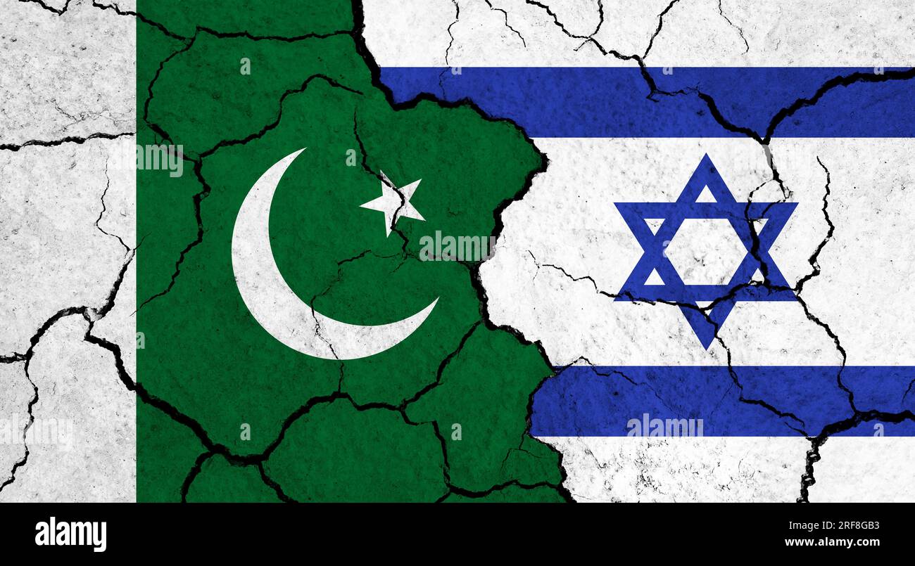 Flags of pakistan and israel on cracked surface politics