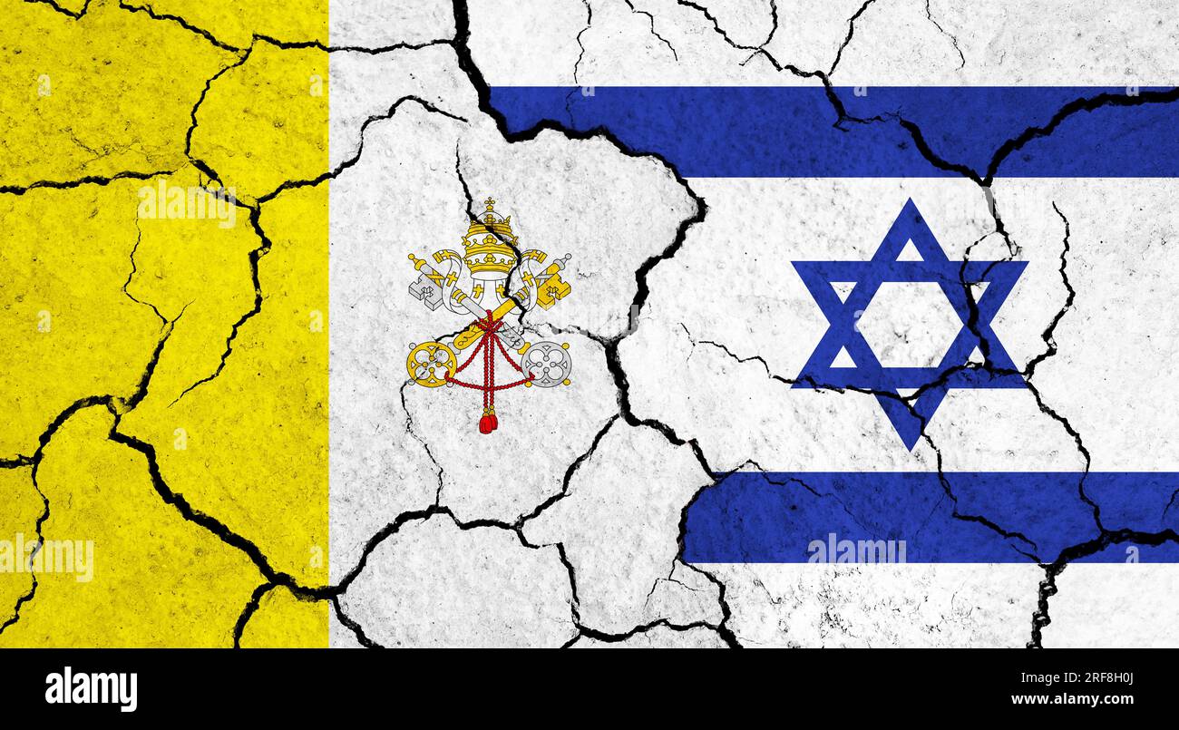 Flags of Vatican City and Israel on cracked surface politics