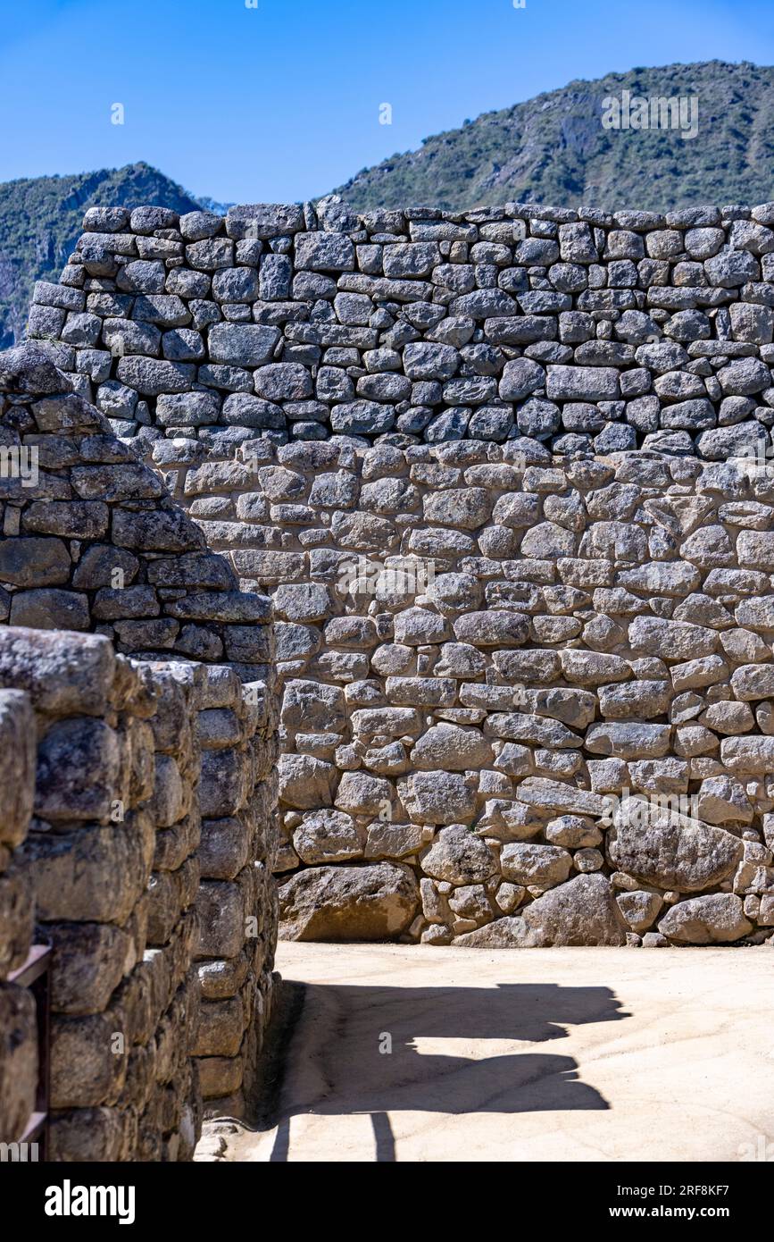 dry stone wall masonry, Inca ruins of Machu Picchu, Peru, South America Stock Photo