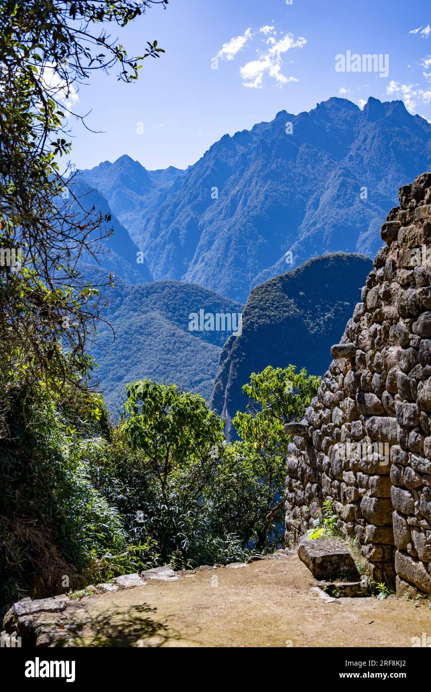 dry stone wall masonry, Inca ruins of Machu Picchu, Peru, South America Stock Photo