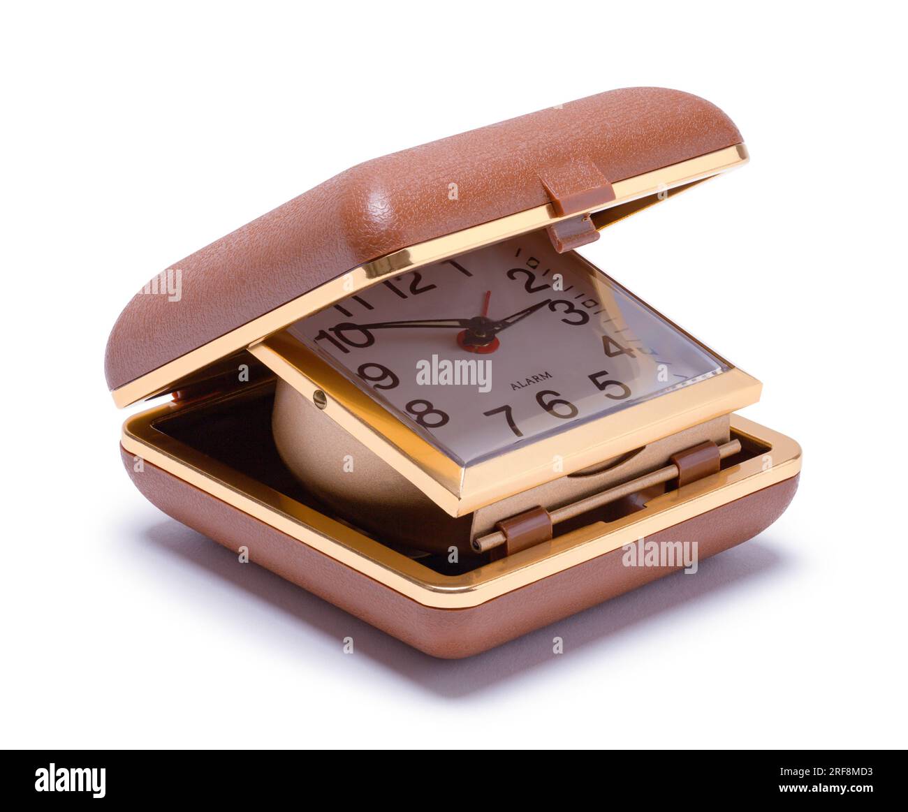 Closed Travel Alarm Clock Cut Out on White. Stock Photo