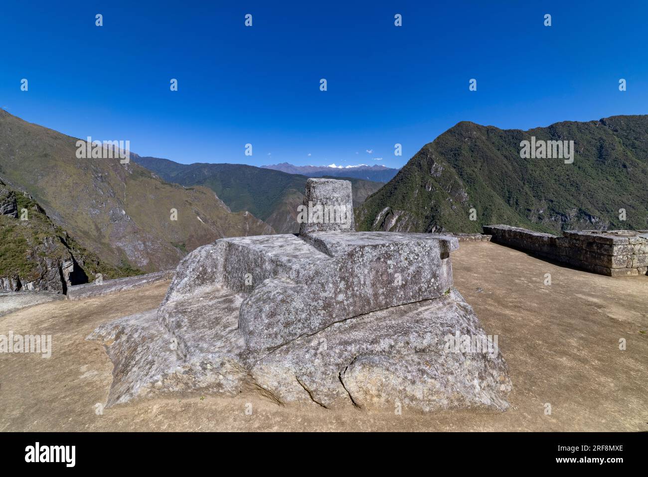 the Intihuatana, Inca ruins of Machu Picchu, Peru, South America Stock Photo