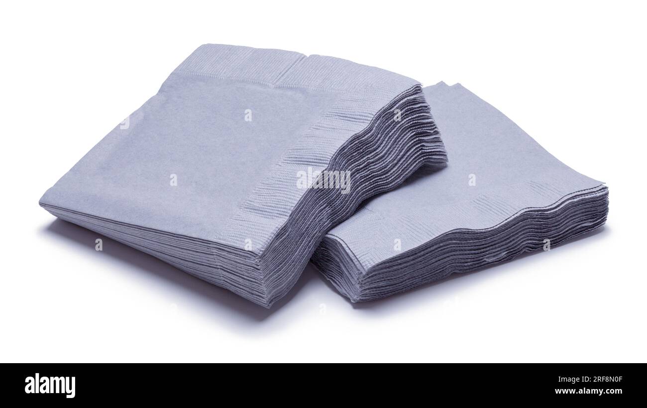 Split Pile of Grey Napkins Cut Out on White. Stock Photo