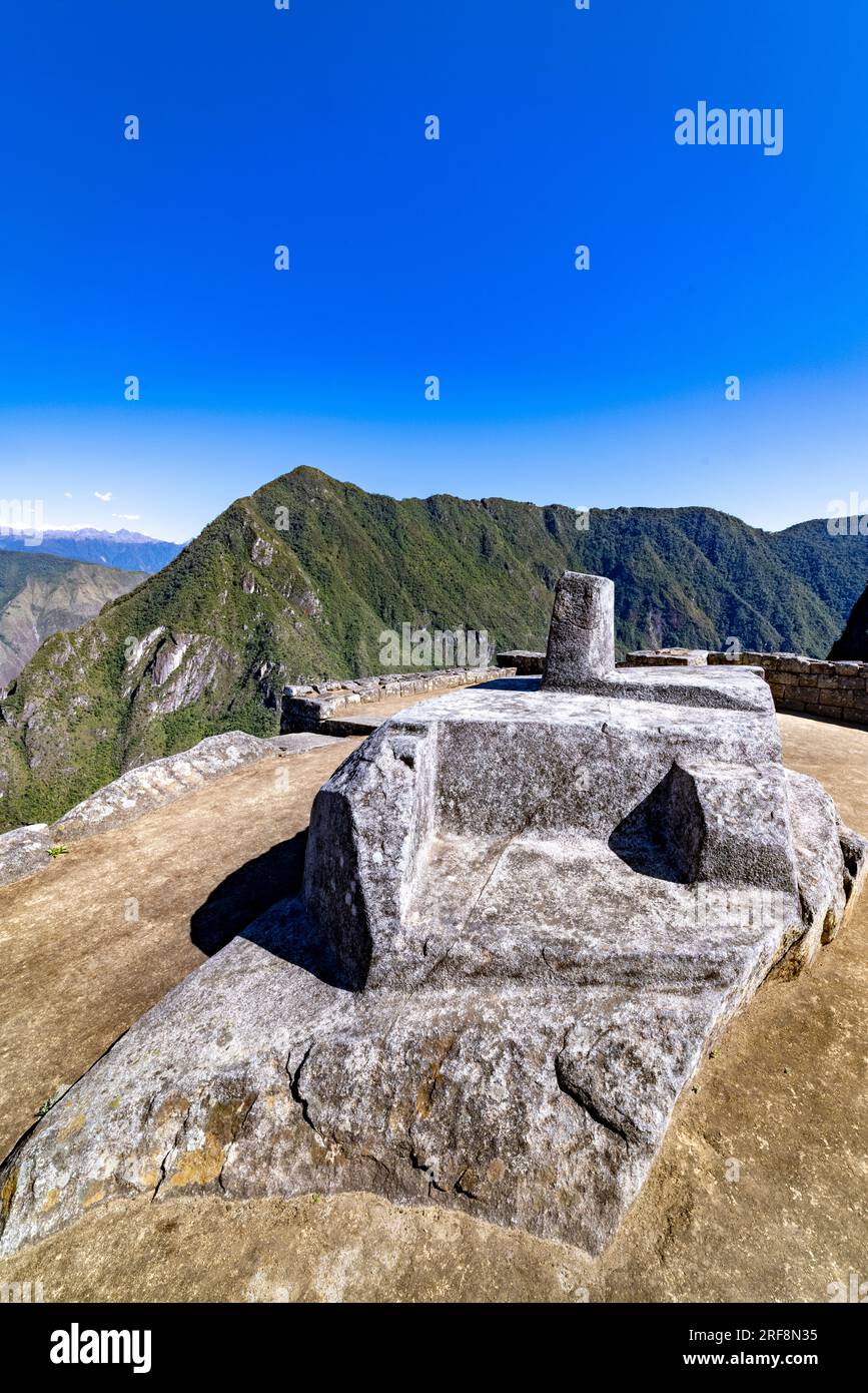 the Intihuatana, Inca ruins of Machu Picchu, Peru, South America Stock Photo