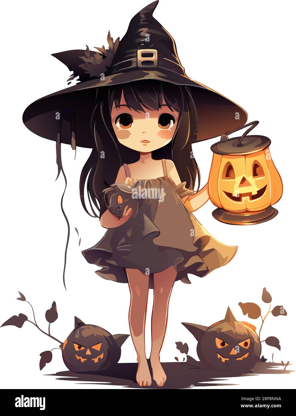 vector beautiful girl with pumpkins. creepy witch with jack o lanterns. a girl with hat vector illustration on white background Stock Vector