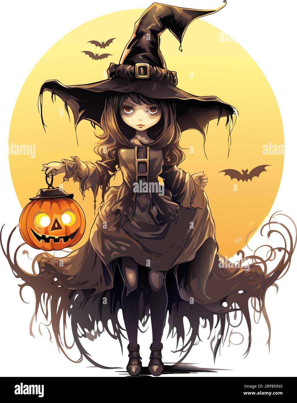 vector beautiful girl with pumpkins. creepy witch with jack o lanterns. a girl with hat vector illustration on white background Stock Vector