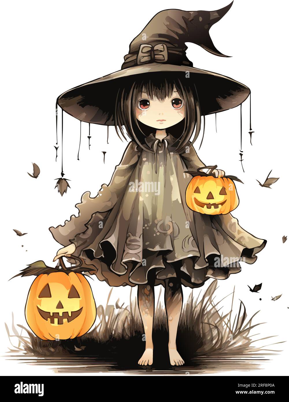 vector beautiful girl with pumpkins. creepy witch with jack o lanterns. a girl with hat vector illustration on white background Stock Vector