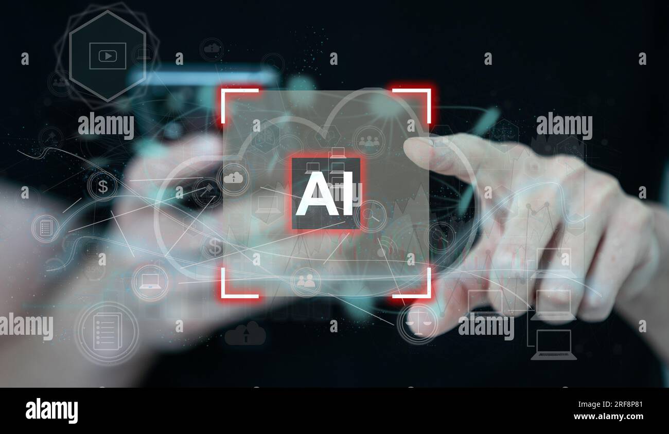 Man hand with pen working with abstract virtual artificial Intelligence symbol hologram on blurred office background. Multiexposure Stock Photo