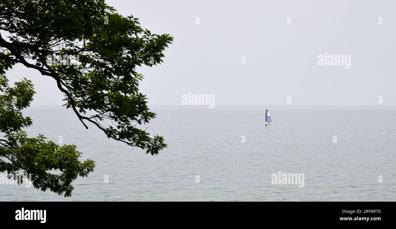 Single sailboat on calm waters of Lake Erie Stock Photo