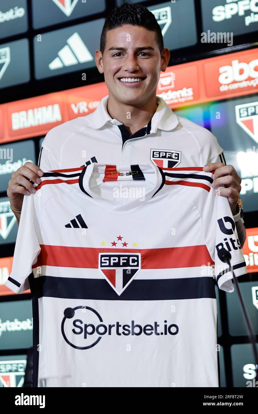 Sao Paulo, Brazil. 01st Aug, 2023. Colombian player James Rodriguez during presentation and press conference at Sao Paulo Futebol Clube, at the Barra Funda Training Center, in the west zone of Sao Paulo, this Tuesday afternoon, 01. Adriana Spaca/SPP (Adriana Spaca/SPP) Credit: SPP Sport Press Photo. /Alamy Live News Stock Photo