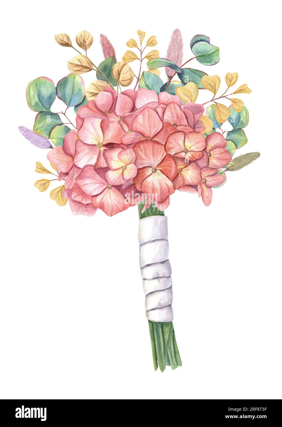 Bright floral bouquet of hydrangea, eucalyptus, lagurus with white