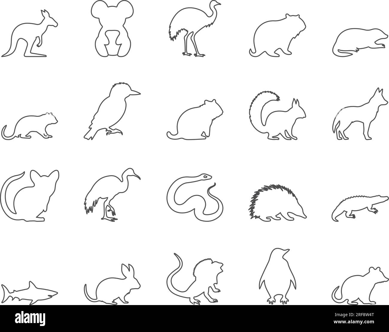 Animals of Australia Icons Set. Kangaroo, Koala, Emu. Editable Stroke. Simple Icons Vector Collection Stock Vector