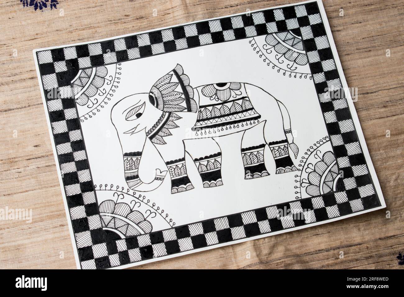 Beautiful handmade or hand painted Madhubani or Mithila painting of Bihar. Black and white Painting of Elephant . It is a traditional painting Stock Photo