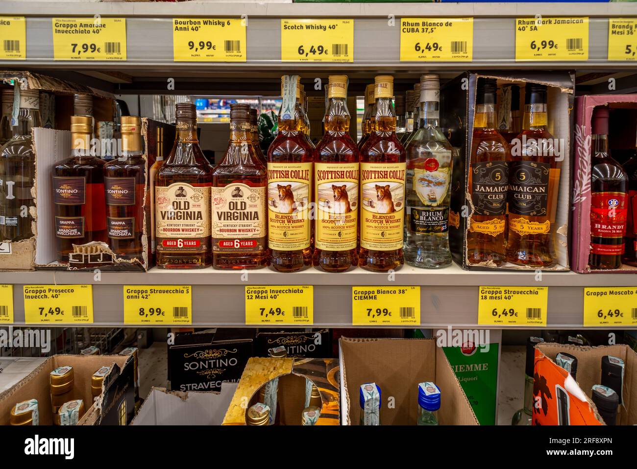 Italy - 29 July 2023: Scotch whisky and bourbon whisky and rum in bottles displayed on the shelf for sale at low prices in Italian discount stores Stock Photo