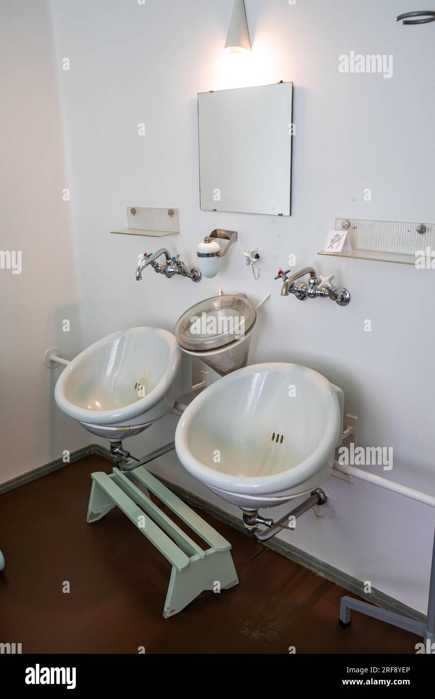 Sputum with drainage between two silent basins at patient room in Paimio Sanatorium, former tuberculosis hospital designed by Aino and Alvar Aalto Stock Photo