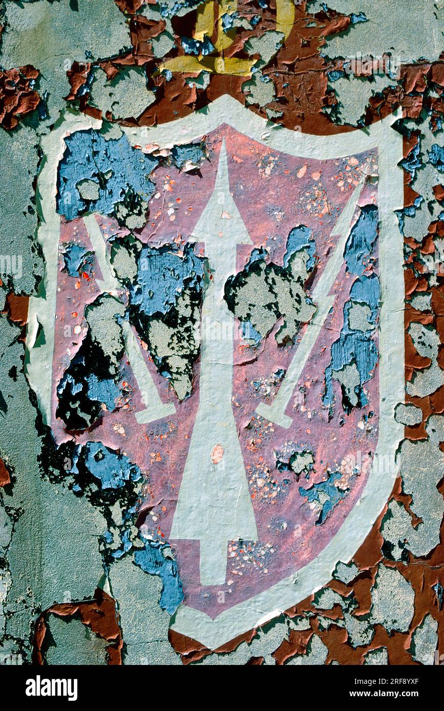 Old decal on wall of admin building, Nike Missile site, Angel Island, San Francisco, California, USA Stock Photo