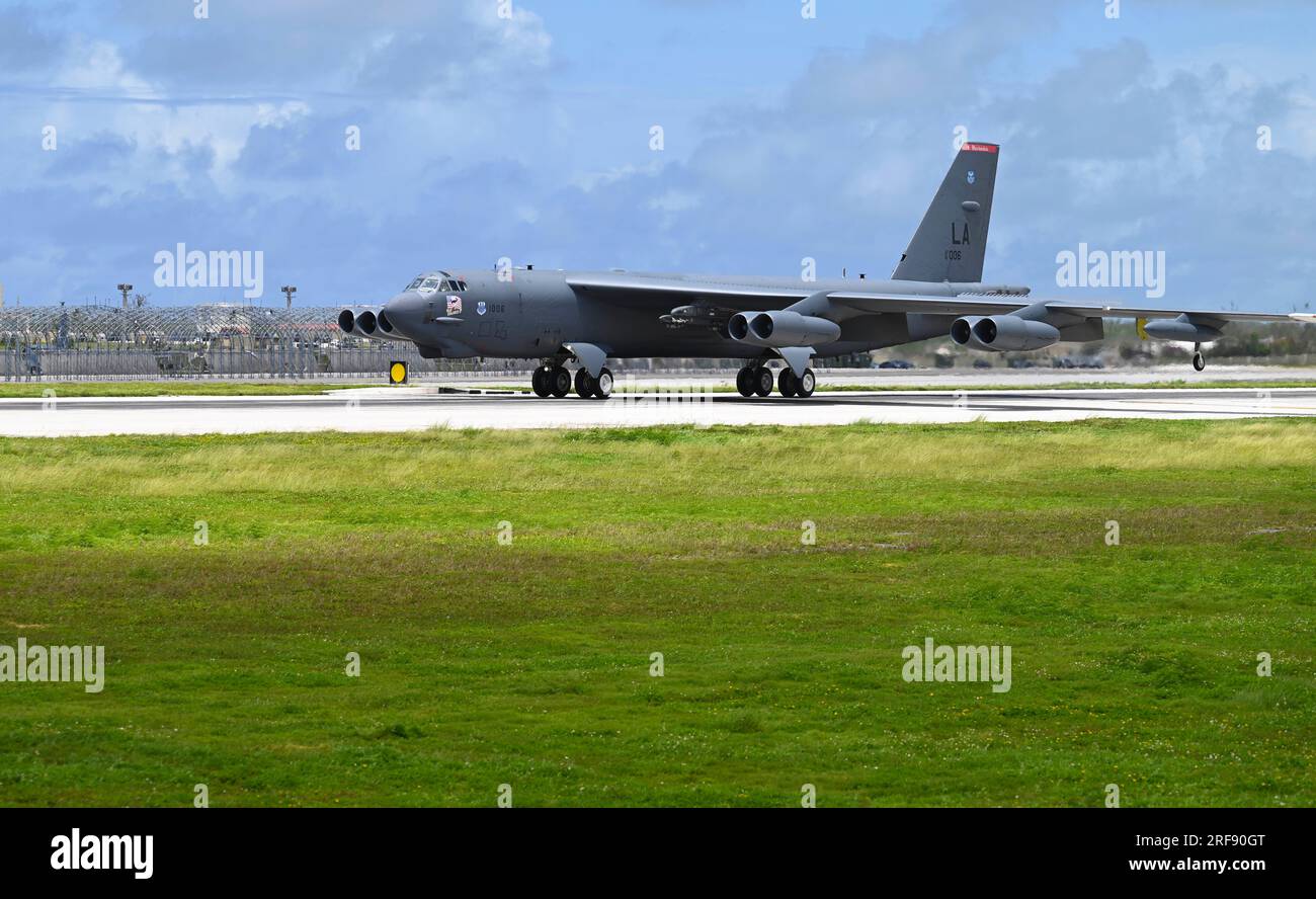 A U.S. Air Force B-52H taxis on the runway July 6, 2023, on Andersen Air Force Base, Guam. (U.S. Air Force photo by Tech. Sgt. Delia Martinez) Stock Photo