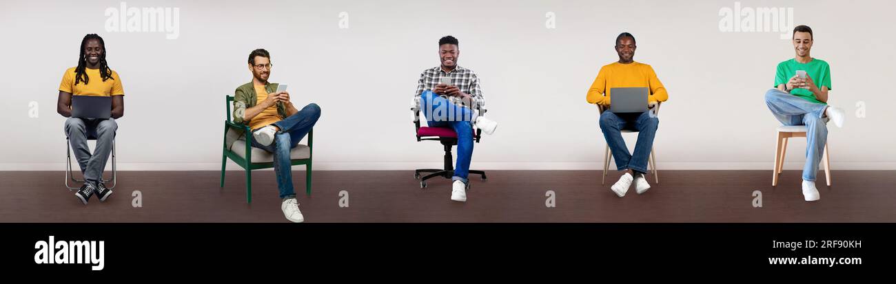 Five diverse men sitting on chairs and using different gadgets over light background, creative collage, panorama Stock Photo