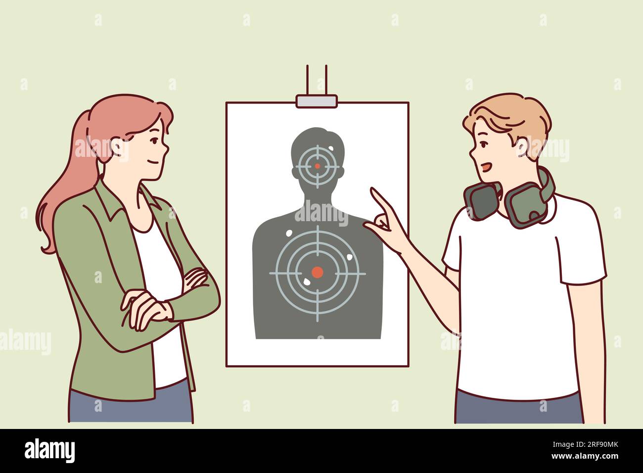 Man teaches woman to shoot at targets with rifle range of firearms for admission to police academy. Girl attends shooting classes in rifle range, training to use pistol or rifle for self-defense Stock Vector