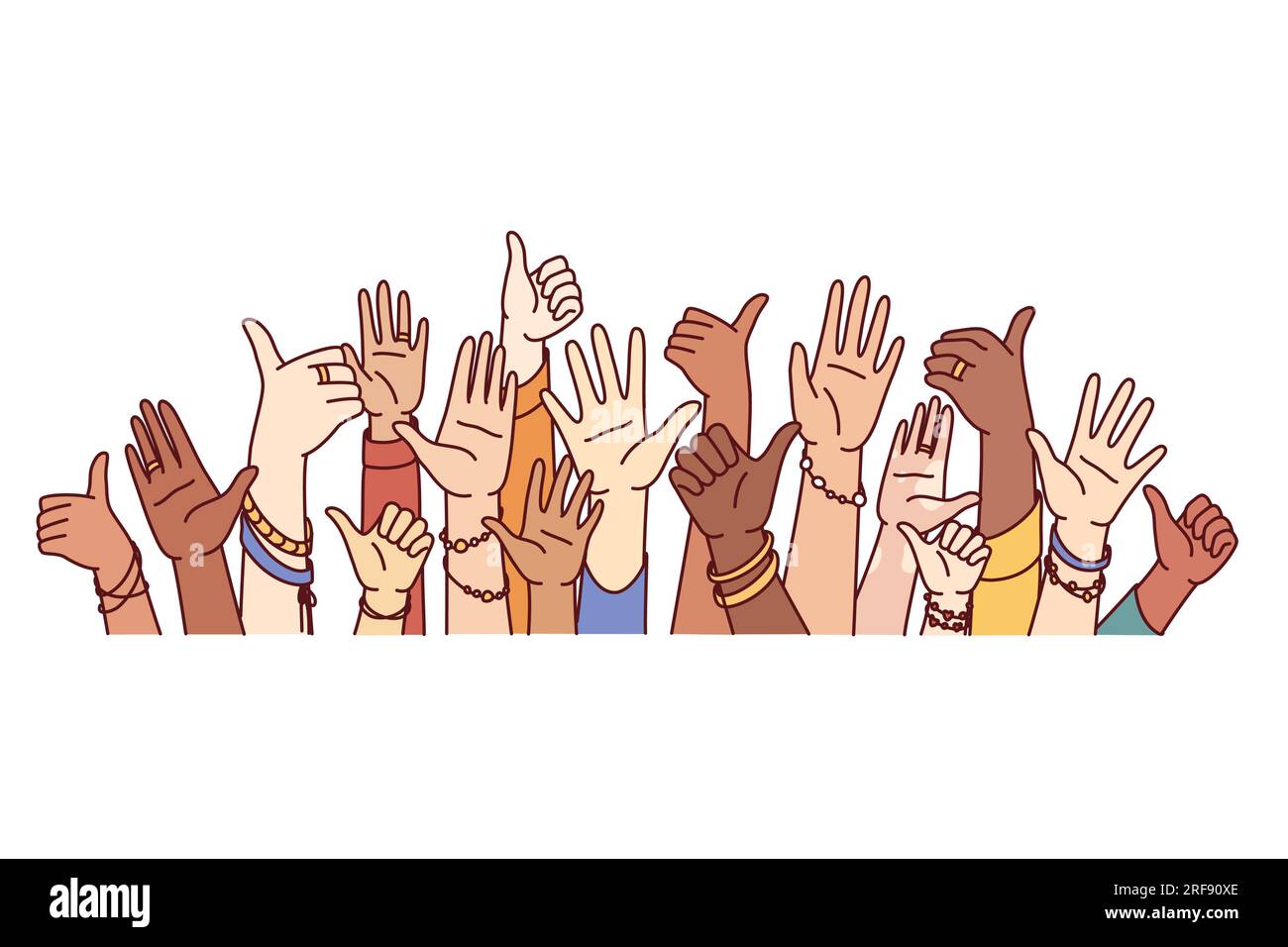 Hands of diverse people showing thumbs up or greeting gestures ...
