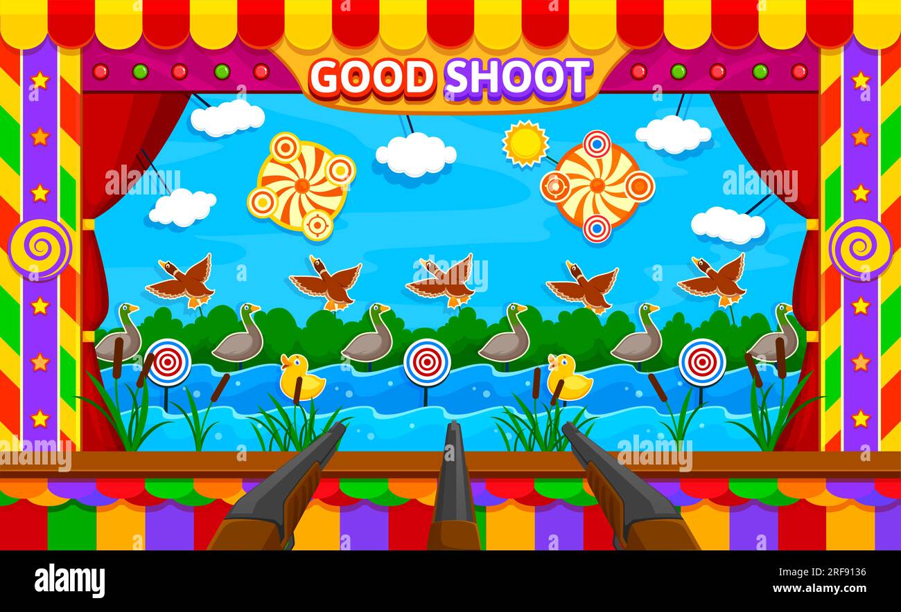 Carnival shoot game, amusement park booth. Cartoon vector duck hunt funfair or circus shooting fairground entertainment. Small stall with drake birds, targets, pond with waves and rifle guns in row Stock Vector
