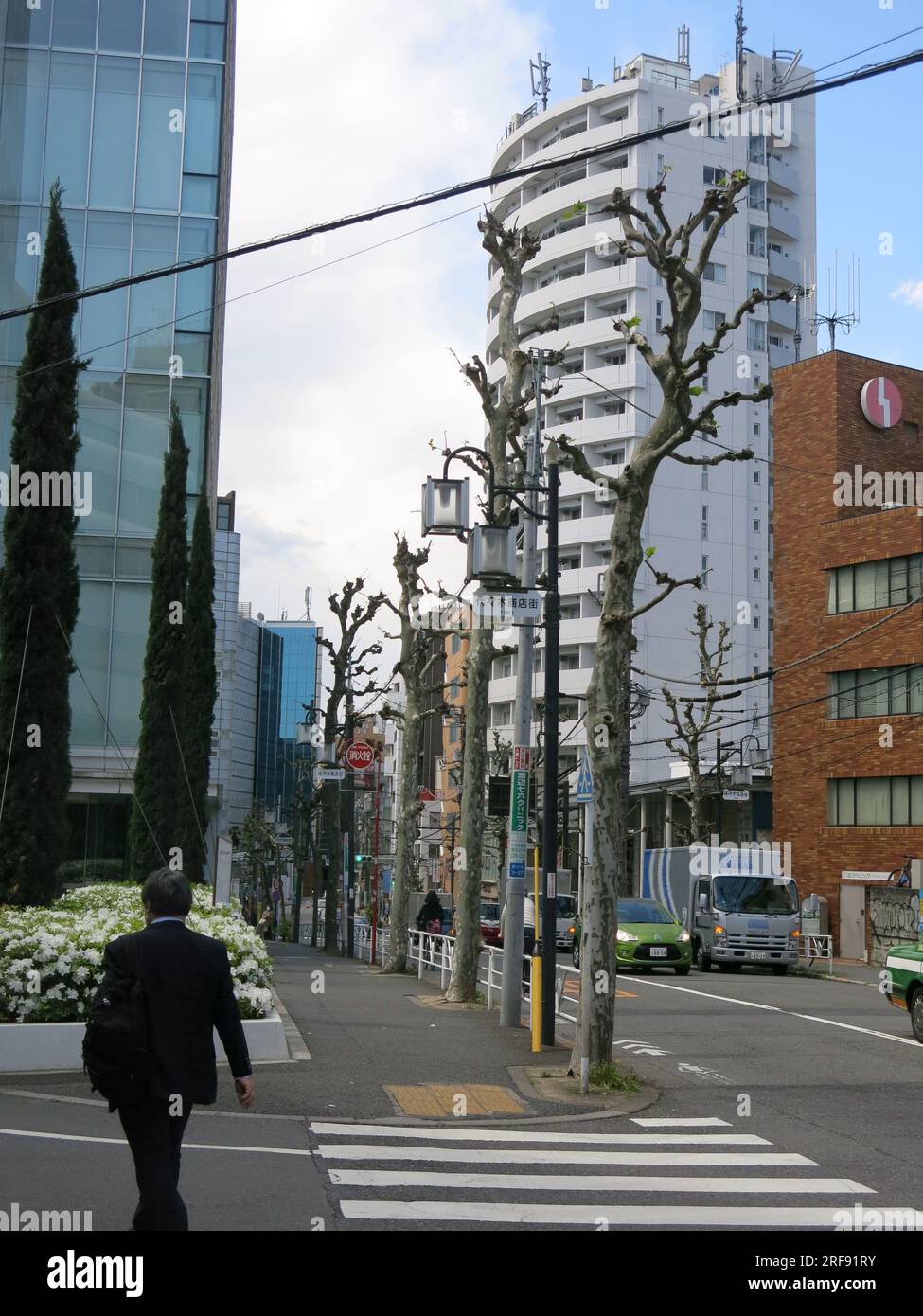 Street scene in Yoyogi, a suburb of wider Tokyo, showing a commercial district with tall buildings, pedestrian crossings & power lines across the road. Stock Photo