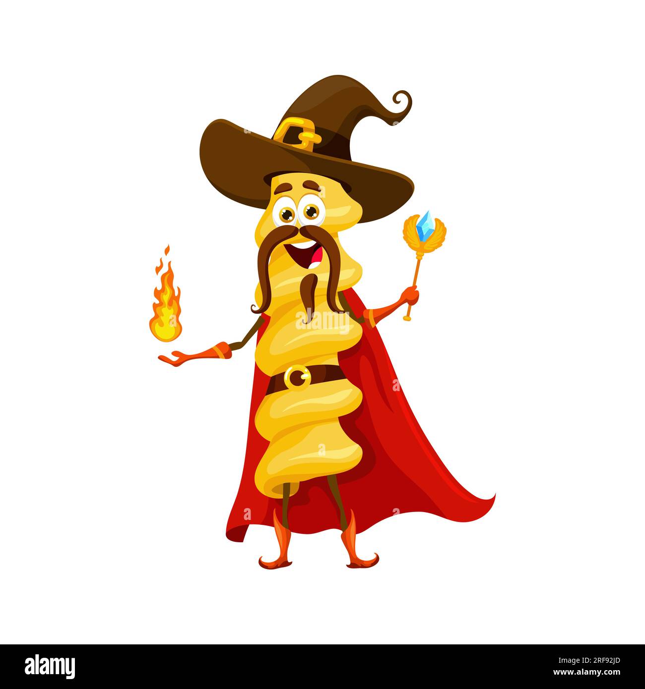 Cartoon fusilli Halloween pasta wizard and witch, sorcerer and mage
