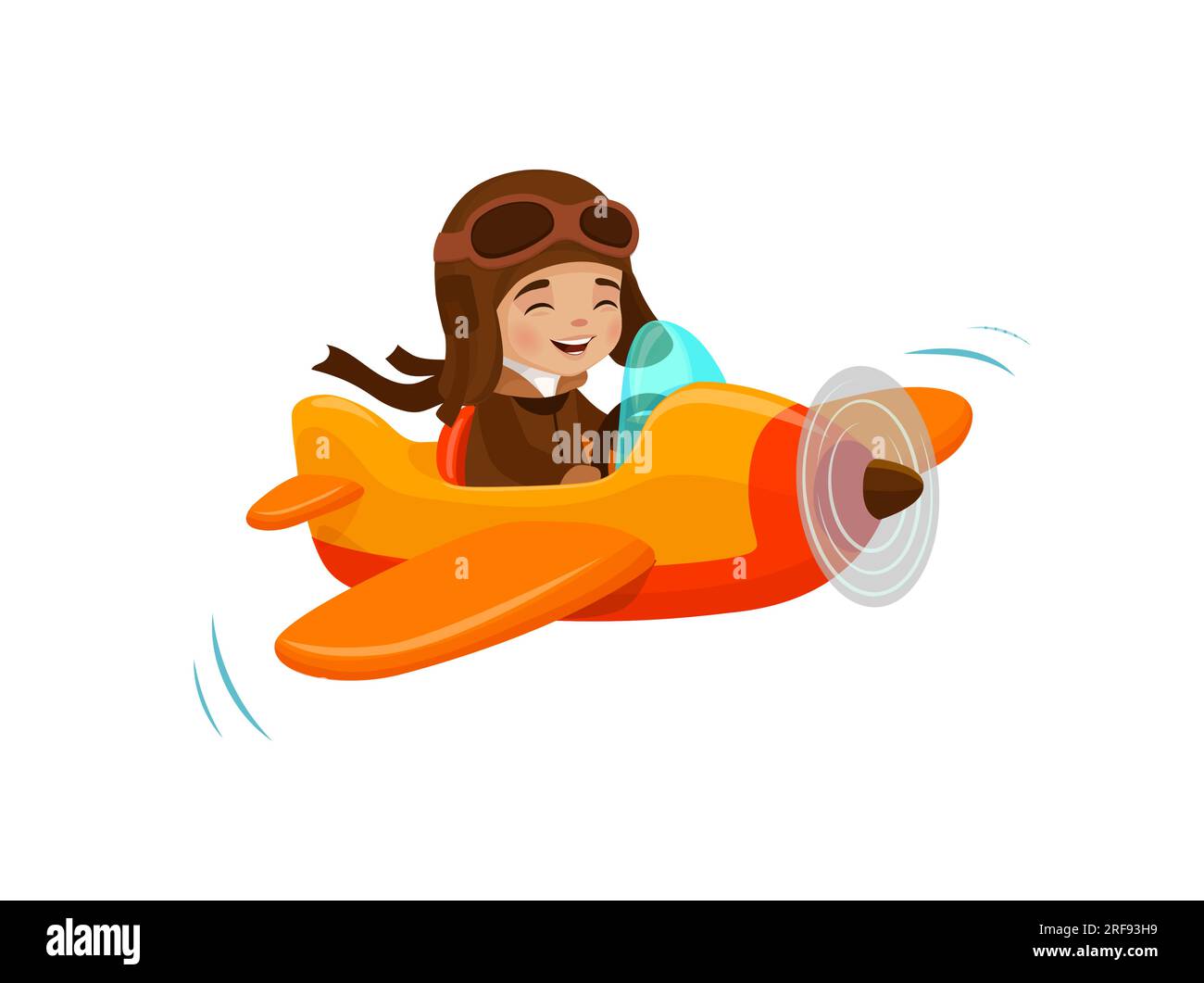 Kid flying on plane, cartoon pilot character on airplane or boy aviator, isolated vector. Child fly on plane or travel in toy aircraft with propeller in sky with aviator goggles and happy smiling Stock Vector